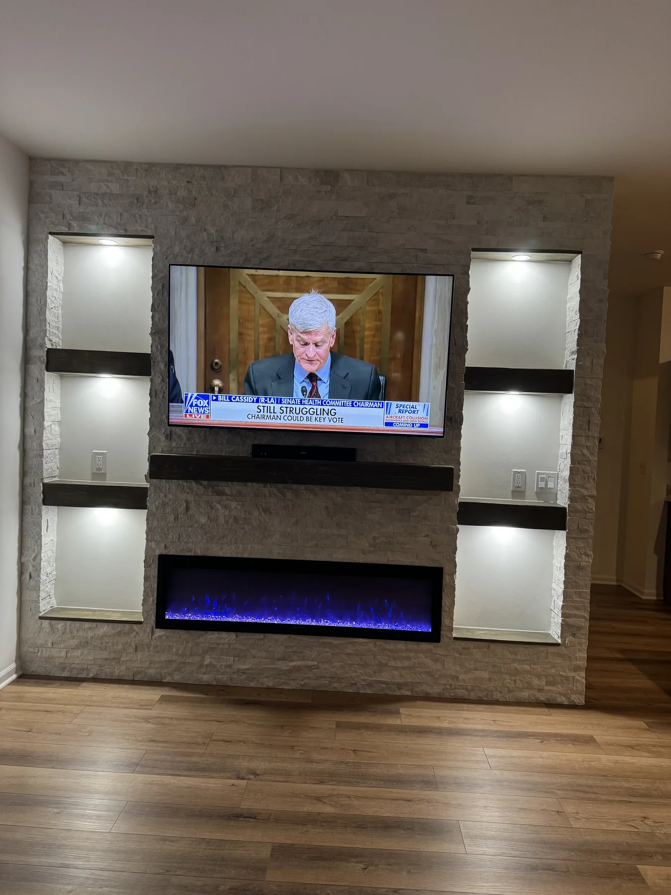 Completed stone fireplace wall